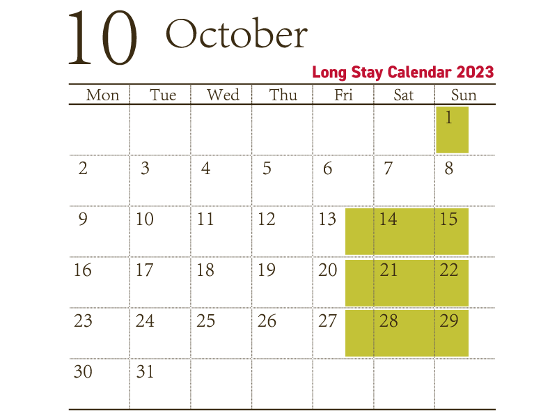 ロングステイカレンダー10月
